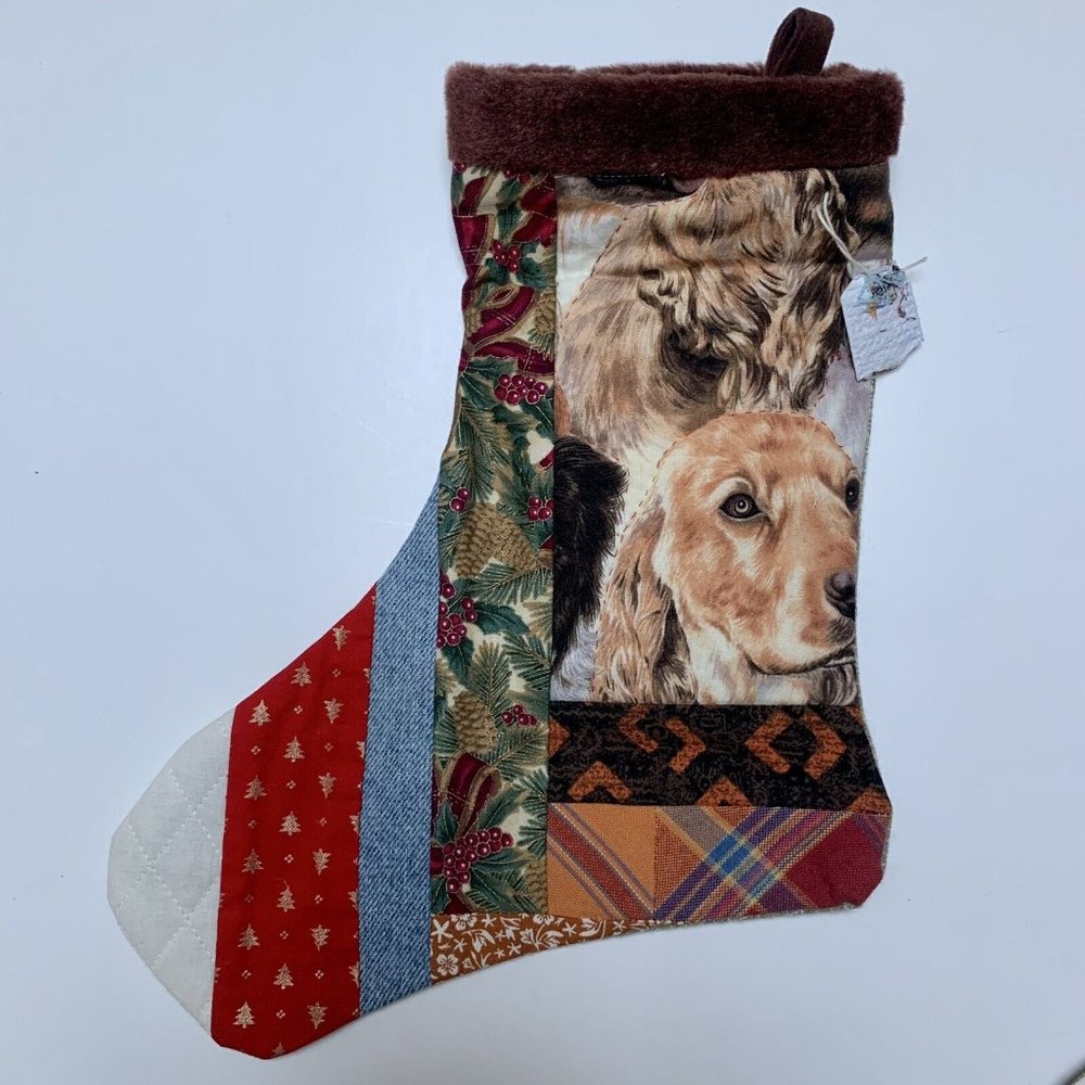 Christmas Stocking Quilted Patchwork Fabric Dog Puppy NEW‎ 13” Handmade
